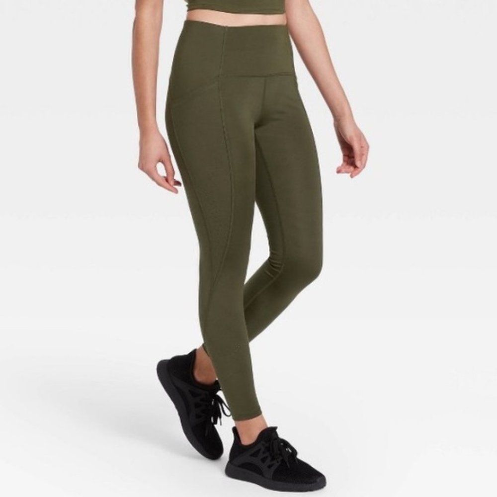 All In Motion Olive Green Sculpted Linear Laser Cut High Waisted Leggings